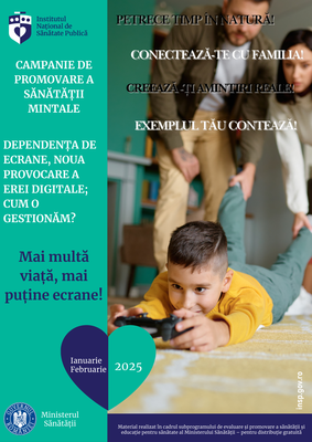 Campania de informare Promovarea sănătății mintale, ianuarie-februarie 2025 - Poster dependenta de ecrane copii și adulti Campania de informare Promovarea sănătății mintale, ianuarie-februarie 2025 - Poster dependenta de ecrane copii și adulti