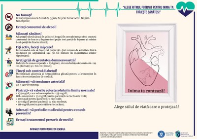Campania de prevenție a bolilor cardiovasculare „Alege ritmul potrivit pentru inima ta: Trăiește sănătos!”, decembrie 2024 - afiș adulți Campania de prevenție a bolilor cardiovasculare „Alege ritmul potrivit pentru inima ta: Trăiește sănătos!”, decembrie 2024 - afiș adulți